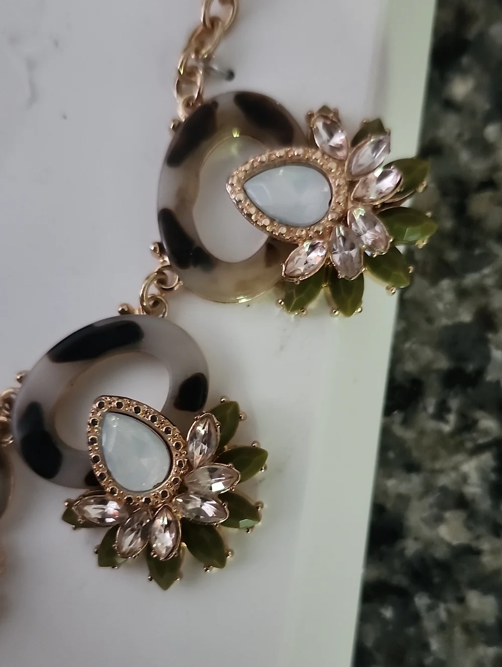 Gold-Tone Tortoise Shell Green & Cream Floral Statement Necklace and Earring Set